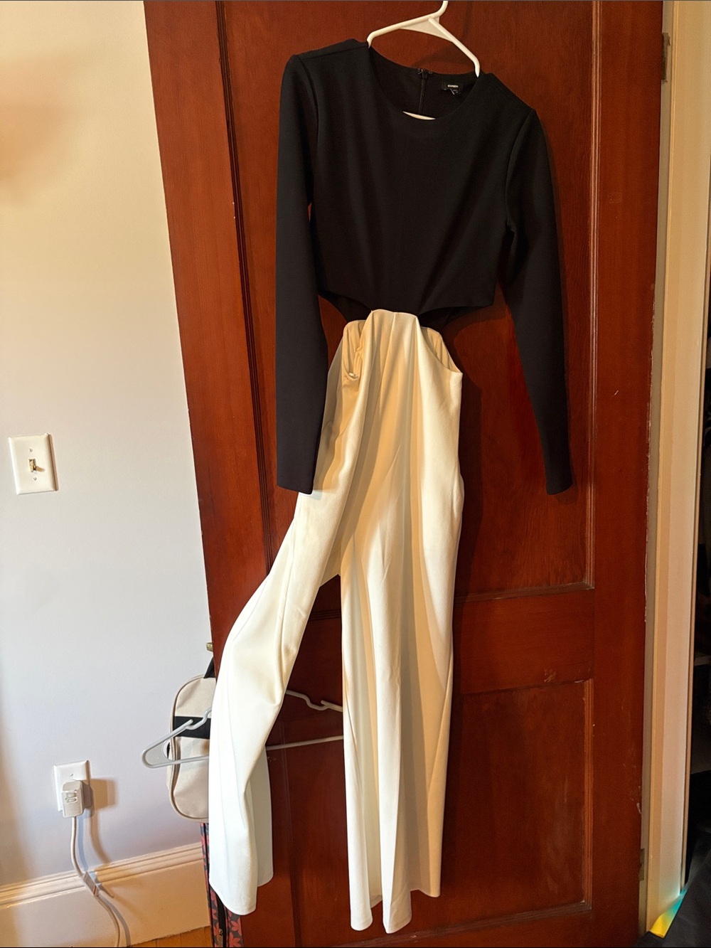 Express Black & Cream Cutout Long-Sleeve Jumpsuit